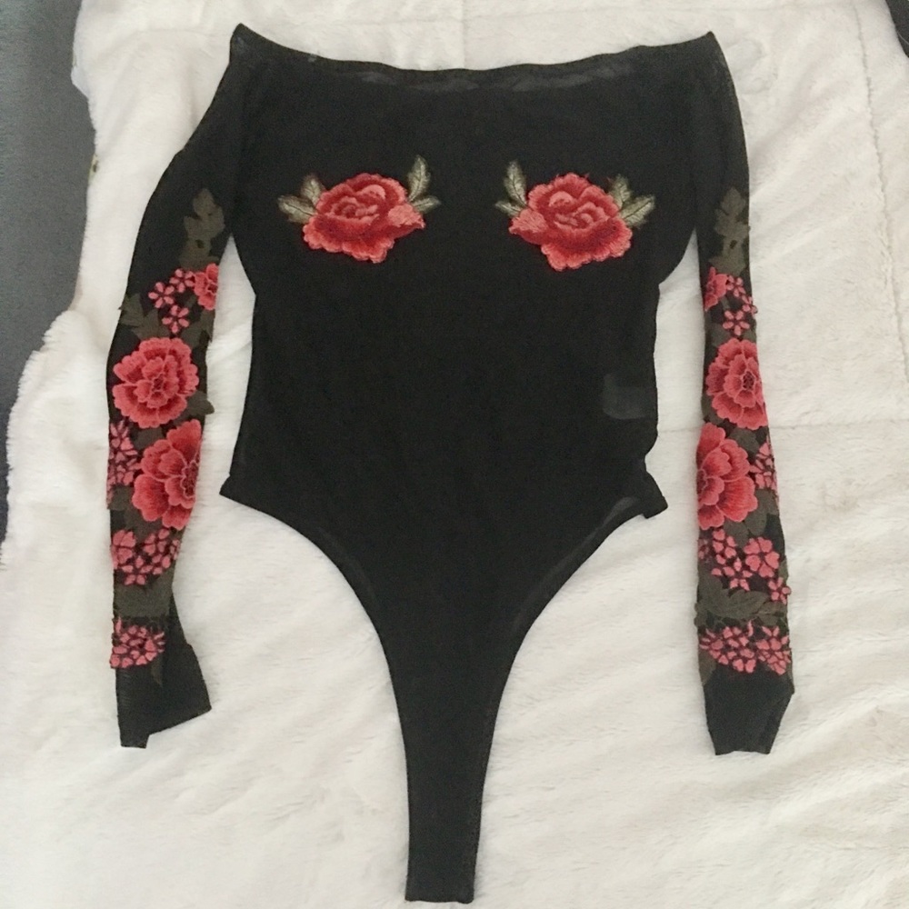 Forever 21 mesh floral off the shoulder bodysuit
